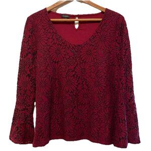 TALBOTS Burgundy & Black Lace Overlay Daisy Long Bell Sleeve Top Sz L NWOT